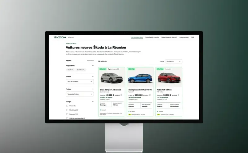 Catalogue du store Škoda Réunion, plateforme web développée par Alba