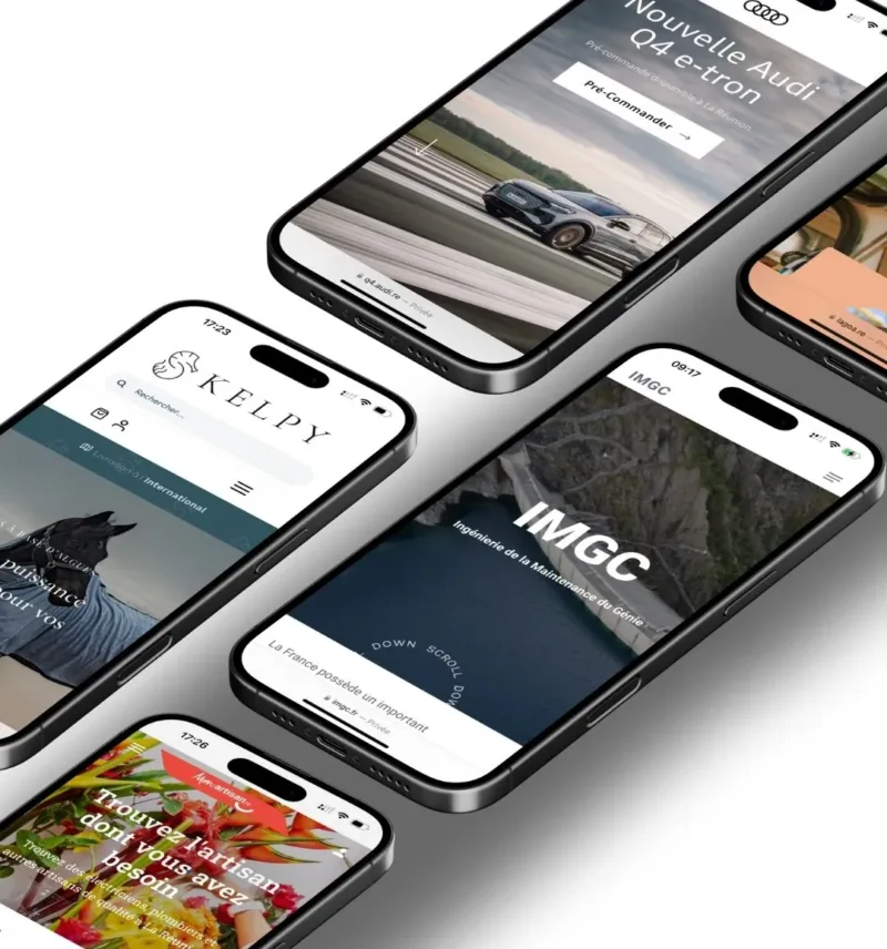 Exemples de sites vitrines réalisés par Alba présentés sur smartphones