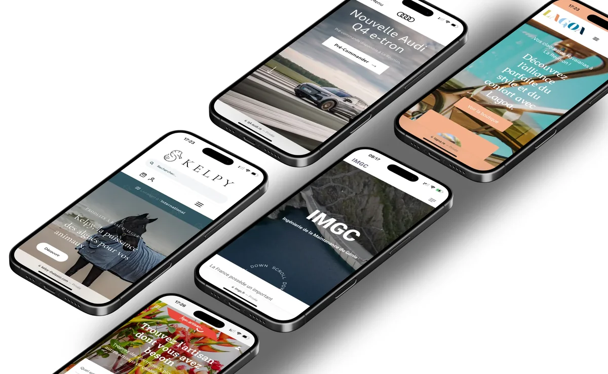 Sites internet réalisés par Alba présentés sur des smartphones en diagonale