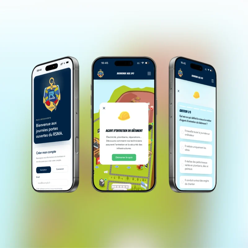 Trois écrans de l’application mobile des journées portes ouvertes du RSMA La Réunion