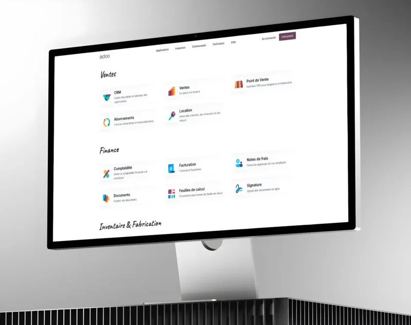 Interface de gestion Odoo affichée sur un écran d’ordinateur