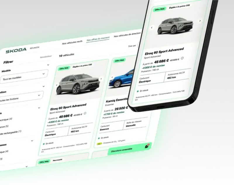 Catalogue de véhicules du store Škoda Réunion, sur ordinateur et téléphone