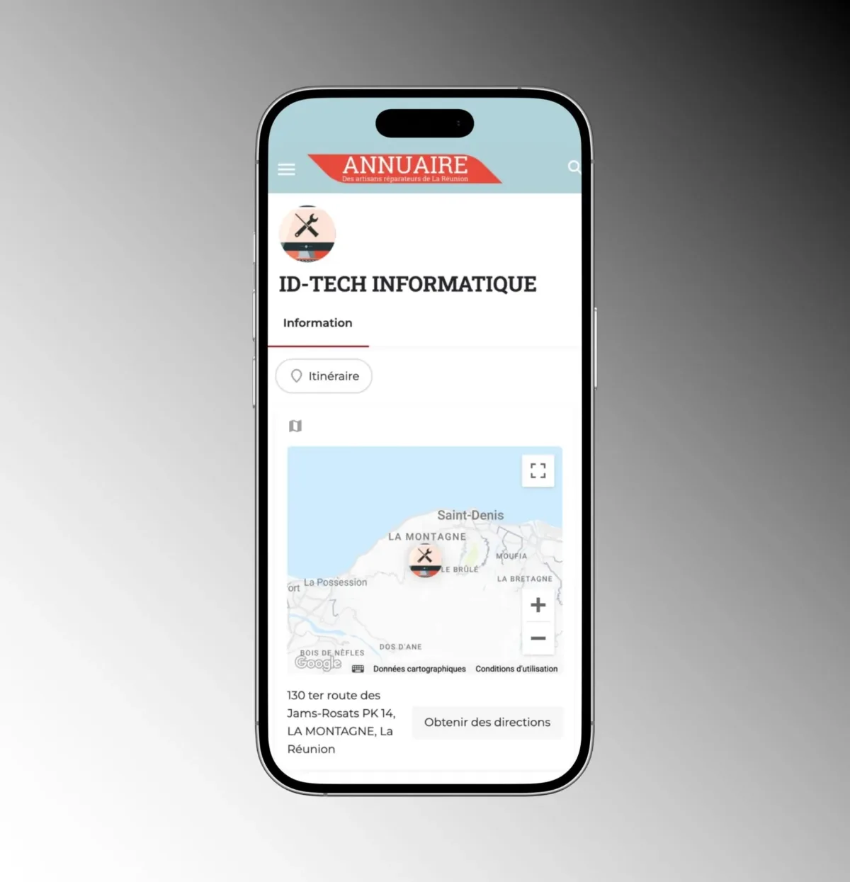 Navigation sur l’annuaire Réparer.re depuis un smartphone