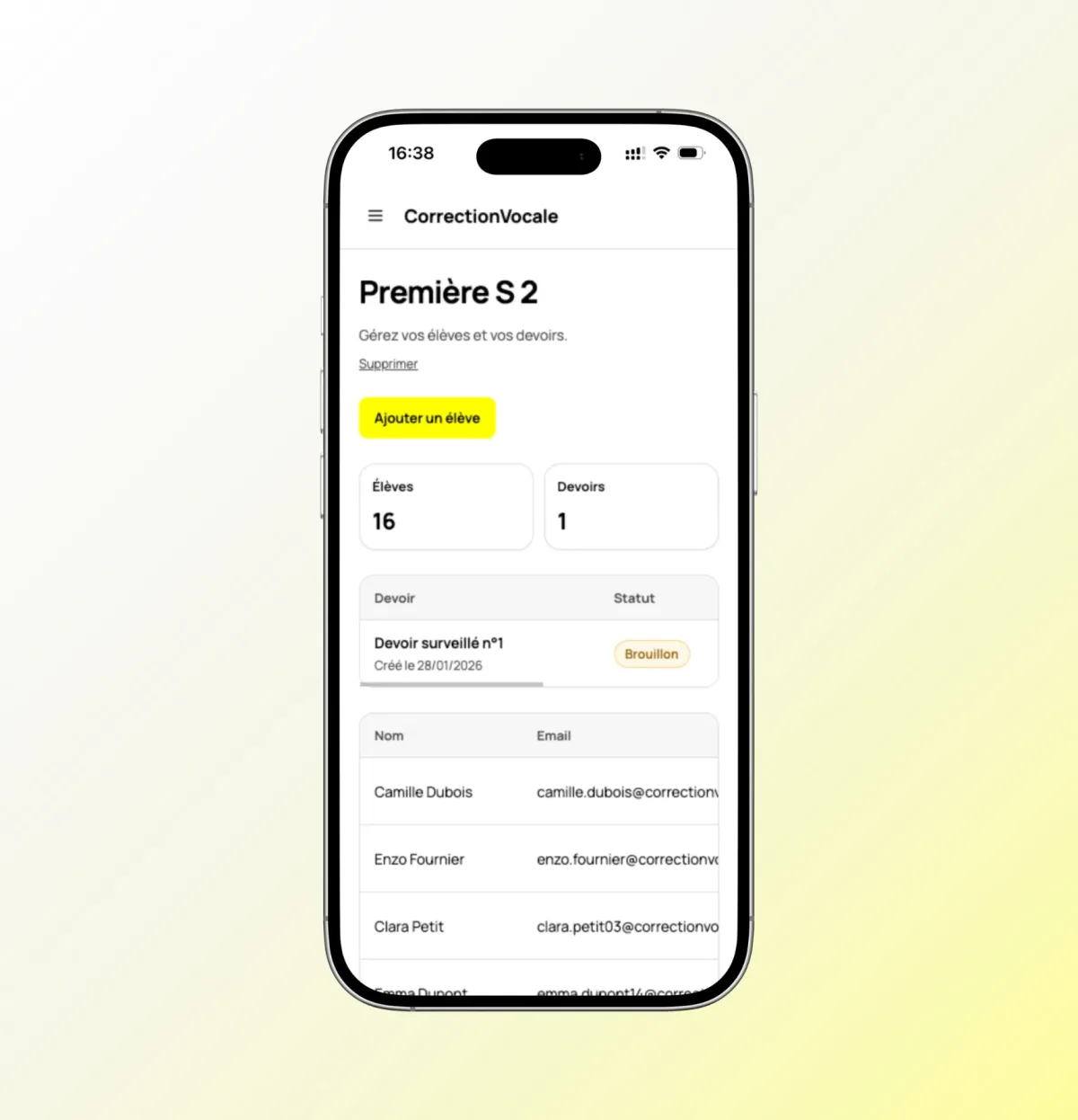 Écran mobile de la plateforme CorrectionVocale