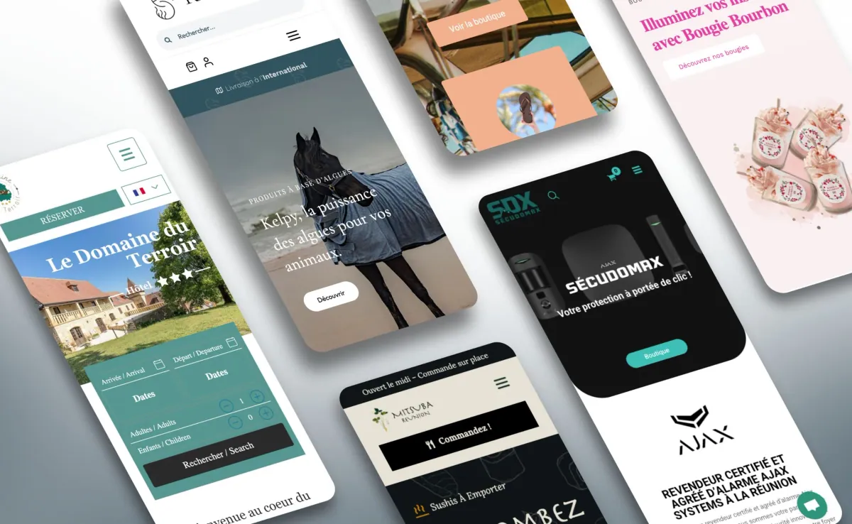 Aperçu de plusieurs sites et applications réalisés par Alba sur des écrans mobiles