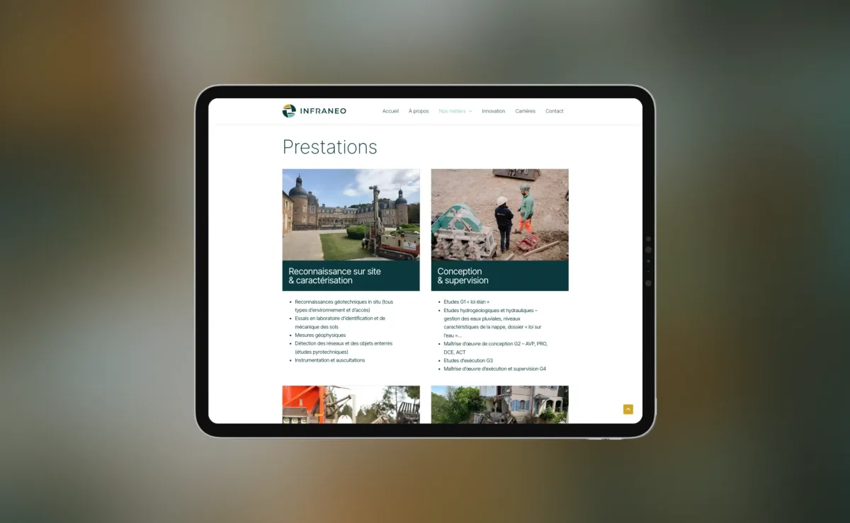 Pages métiers et implantations du groupe Infraneo