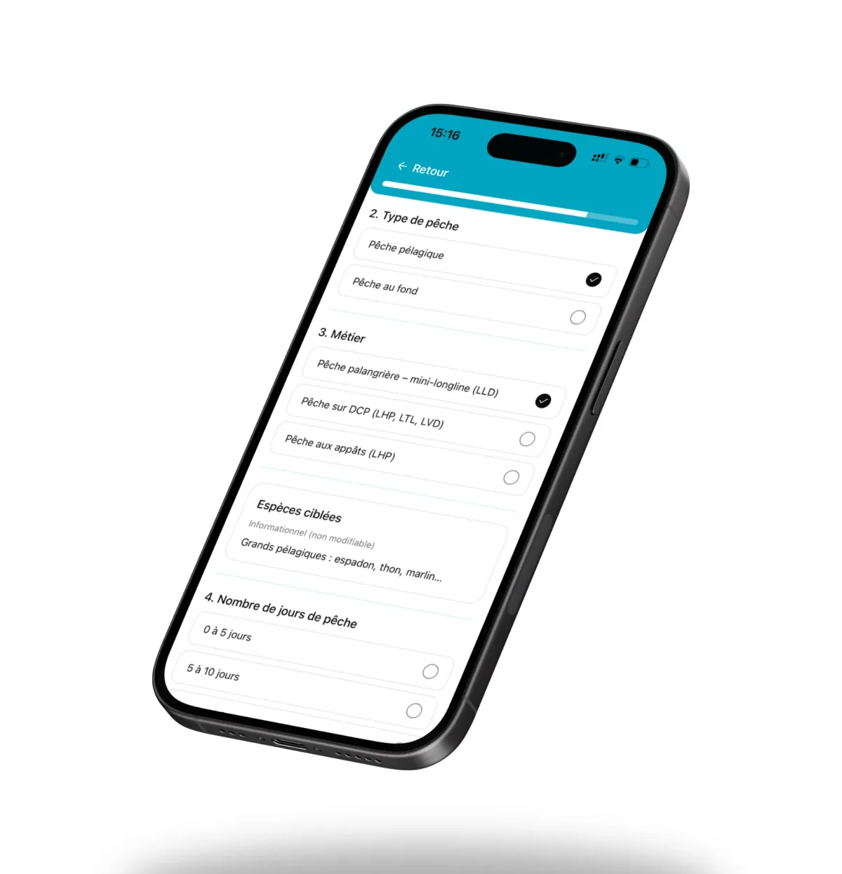 Interface mobile de déclaration des zones de pêche